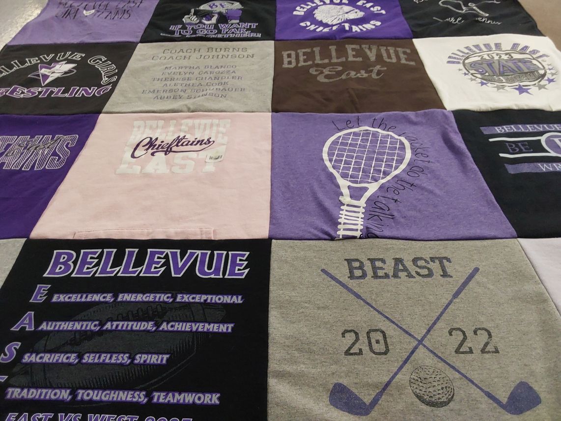 T-shirt quilt from bellevue east high school, bellevue college by Renee from NE