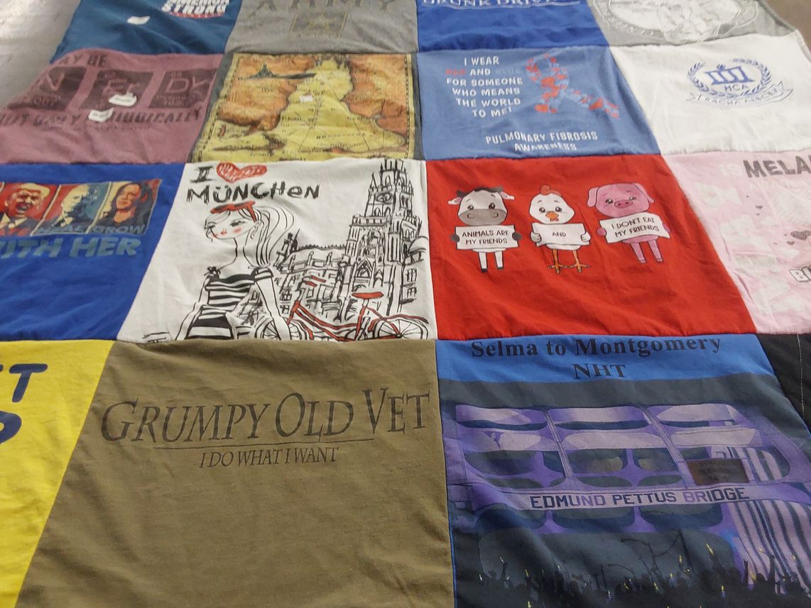 T-shirt quilt with animal rights, pulmonary fibrosis awareness themes by Bronwyn from LA