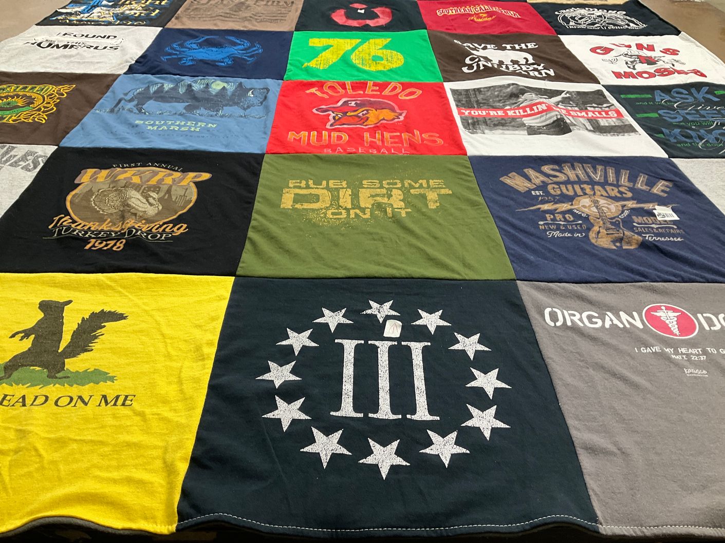 T-shirt quilt from toledo mud hens, nashville university by Angela from SD