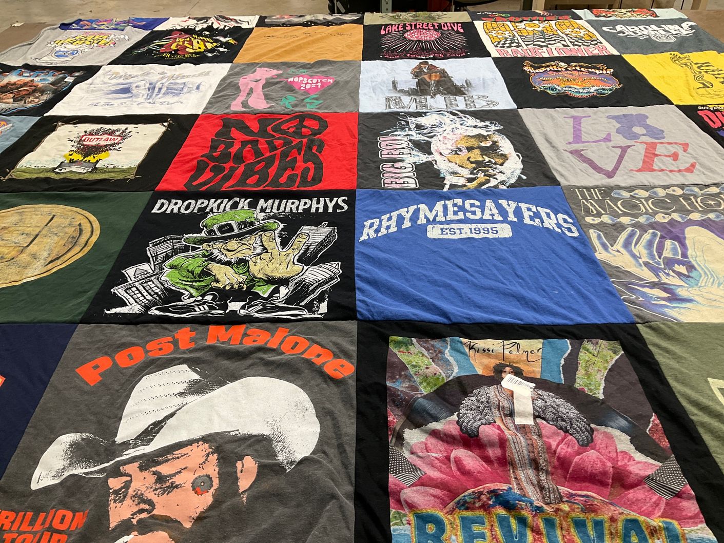 T-shirt quilt with music, concerts themes by Saul from NC