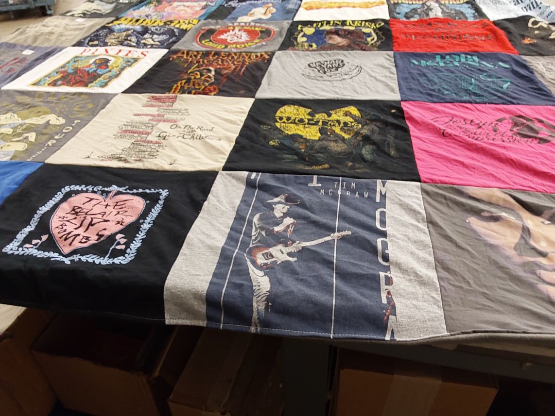 T-shirt quilt with music, concerts themes by Saul from NC