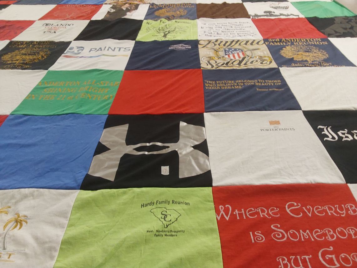 T-shirt quilt with family gatherings, reunions themes by Sophia from FL