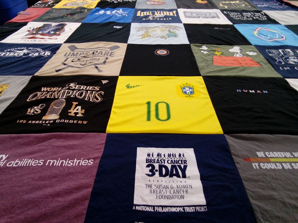 T-shirt quilt with baseball, breast cancer awareness themes by Jordan from CA