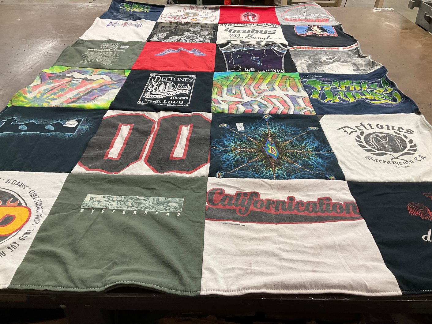 T-shirt quilt with music, rock themes by Christina from CA