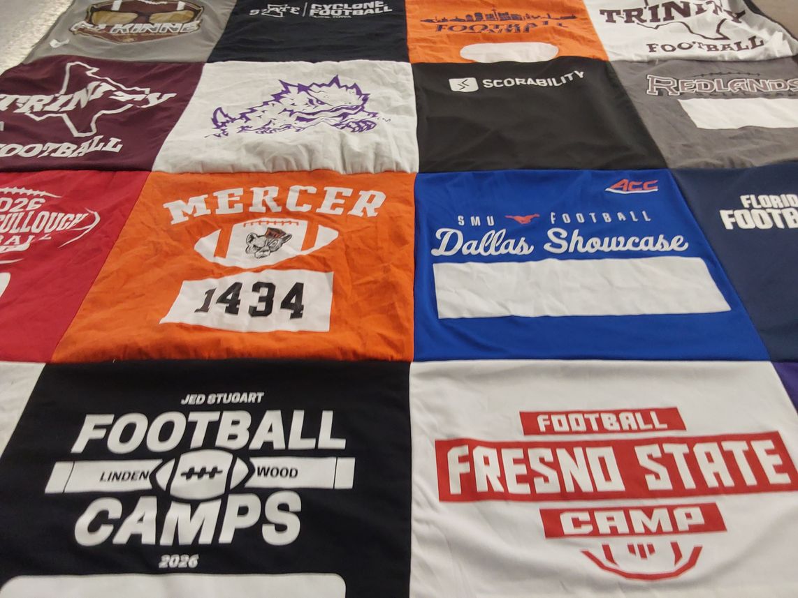 T-shirt quilt featuring southern methodist university football by Ally from TX