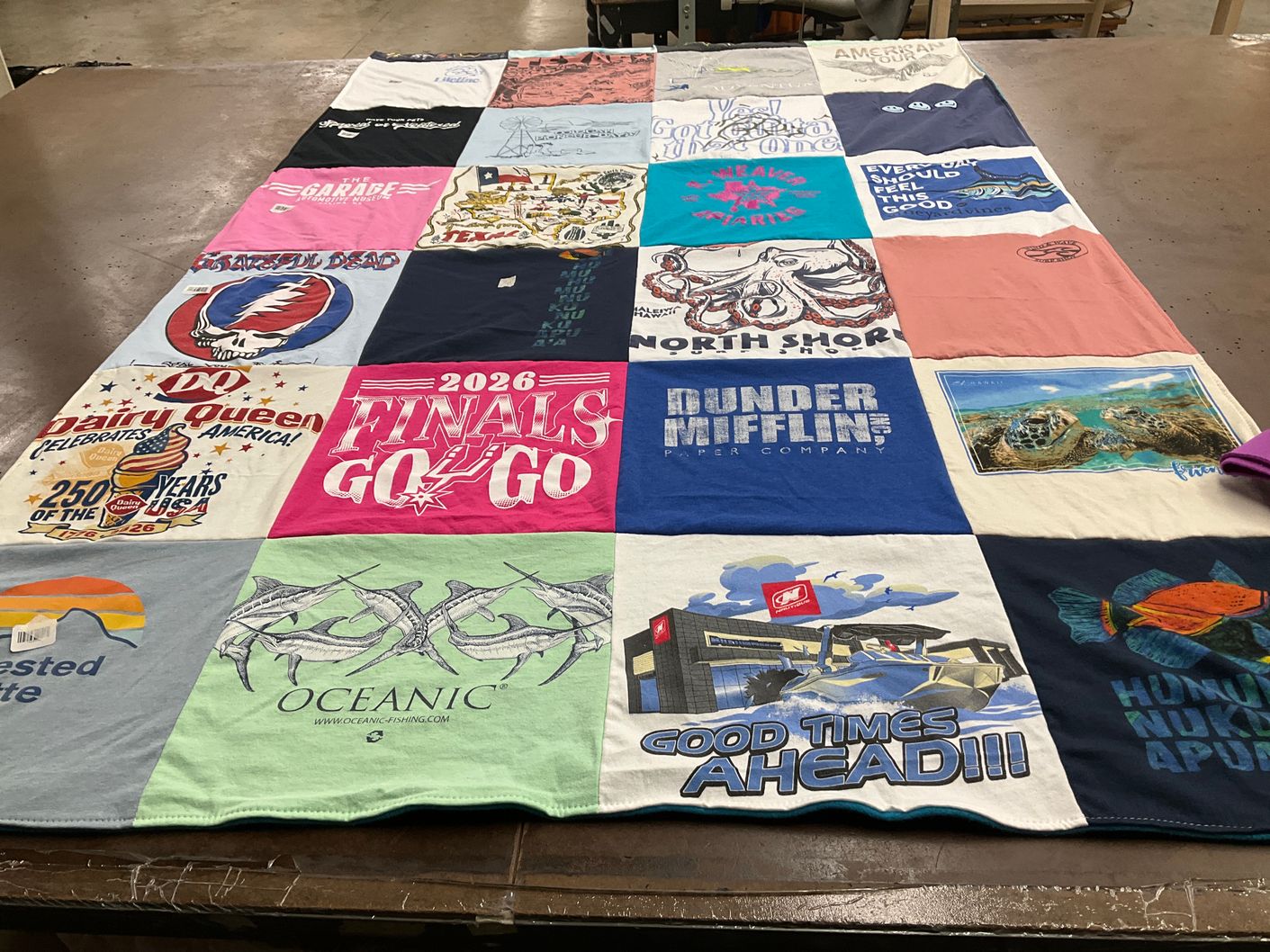 T-shirt quilt with fishing, food themes by Katie from TX