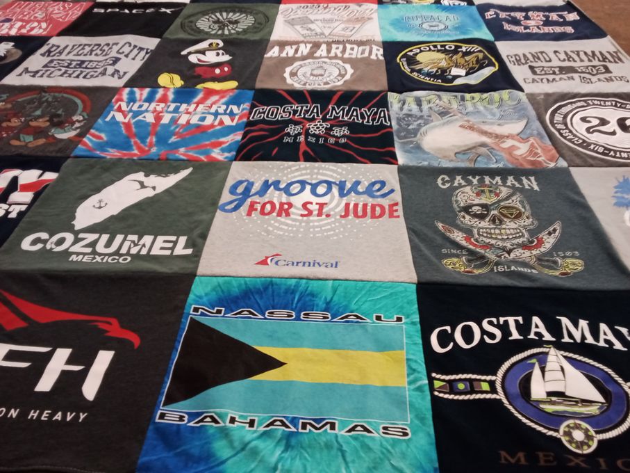 T-shirt quilt with travel, islands themes by Mindy from MI