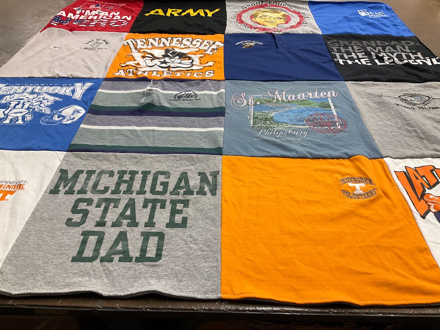 T-shirt quilt featuring tennessee volunteers, michigan state university by Cathy from TN