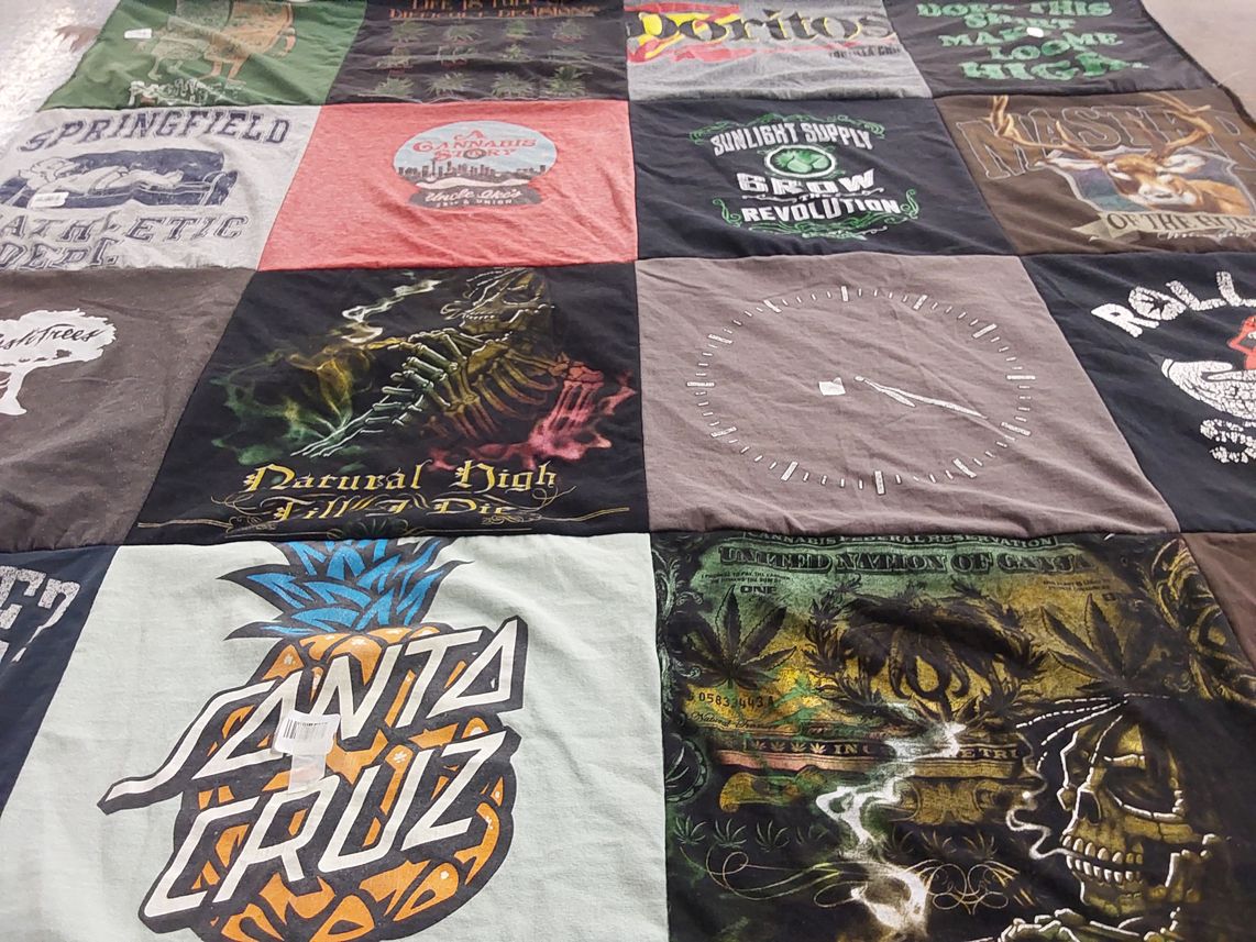 T-shirt quilt with cannabis, skateboarding themes by Sherry from AZ