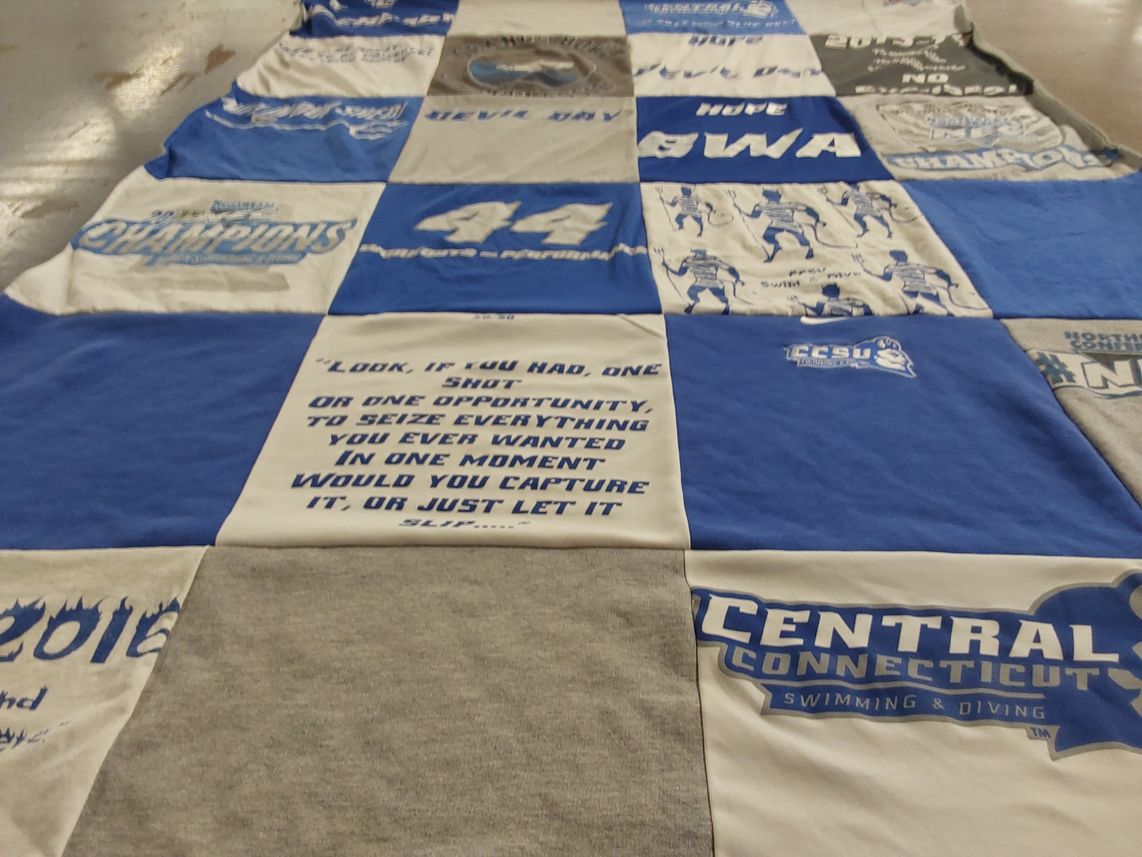 T-shirt quilt featuring central connecticut state university swimming and diving team by Lori from NC