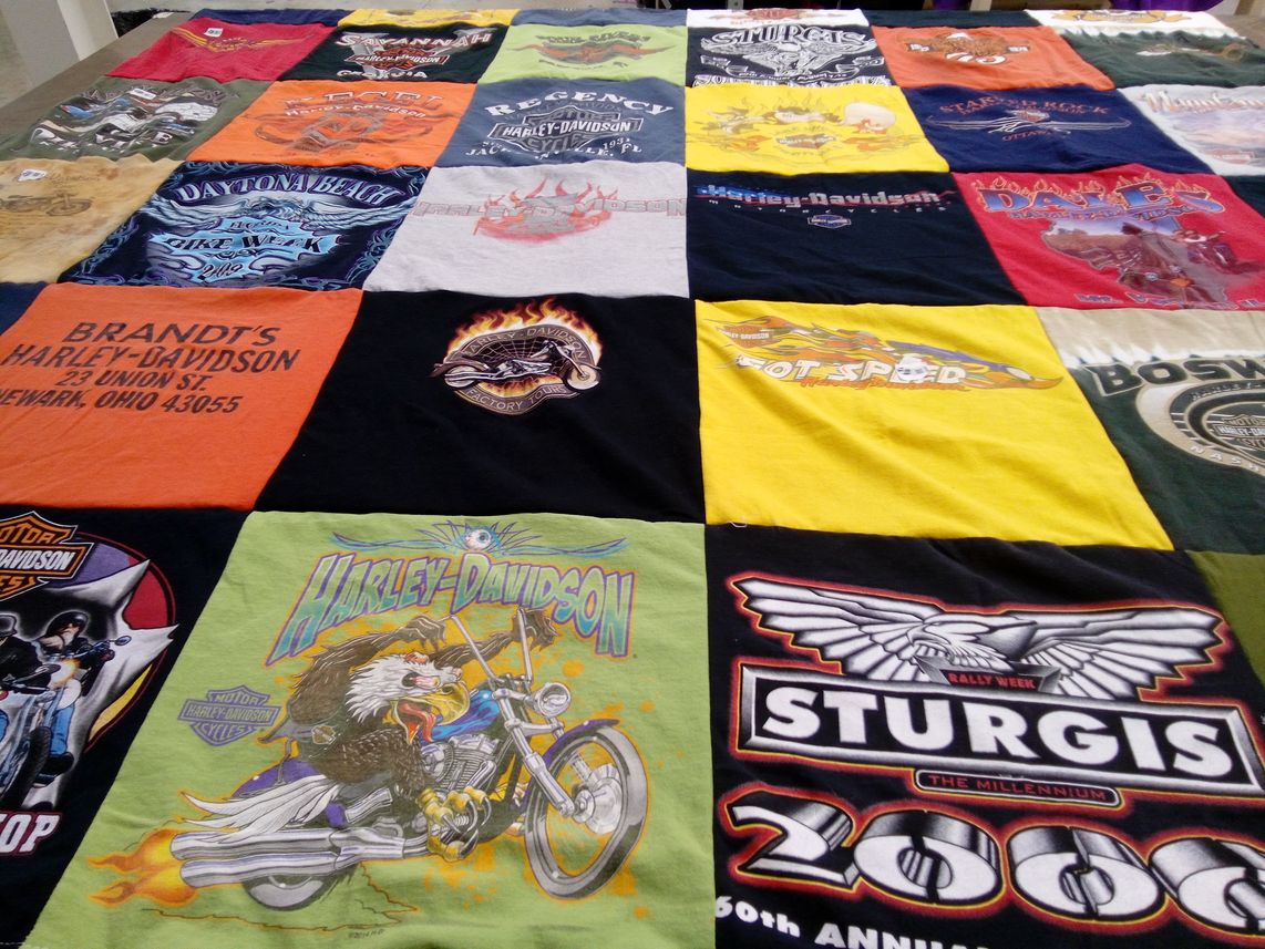 T-shirt quilt with motorcycling, motorcycles themes by Janice from TN