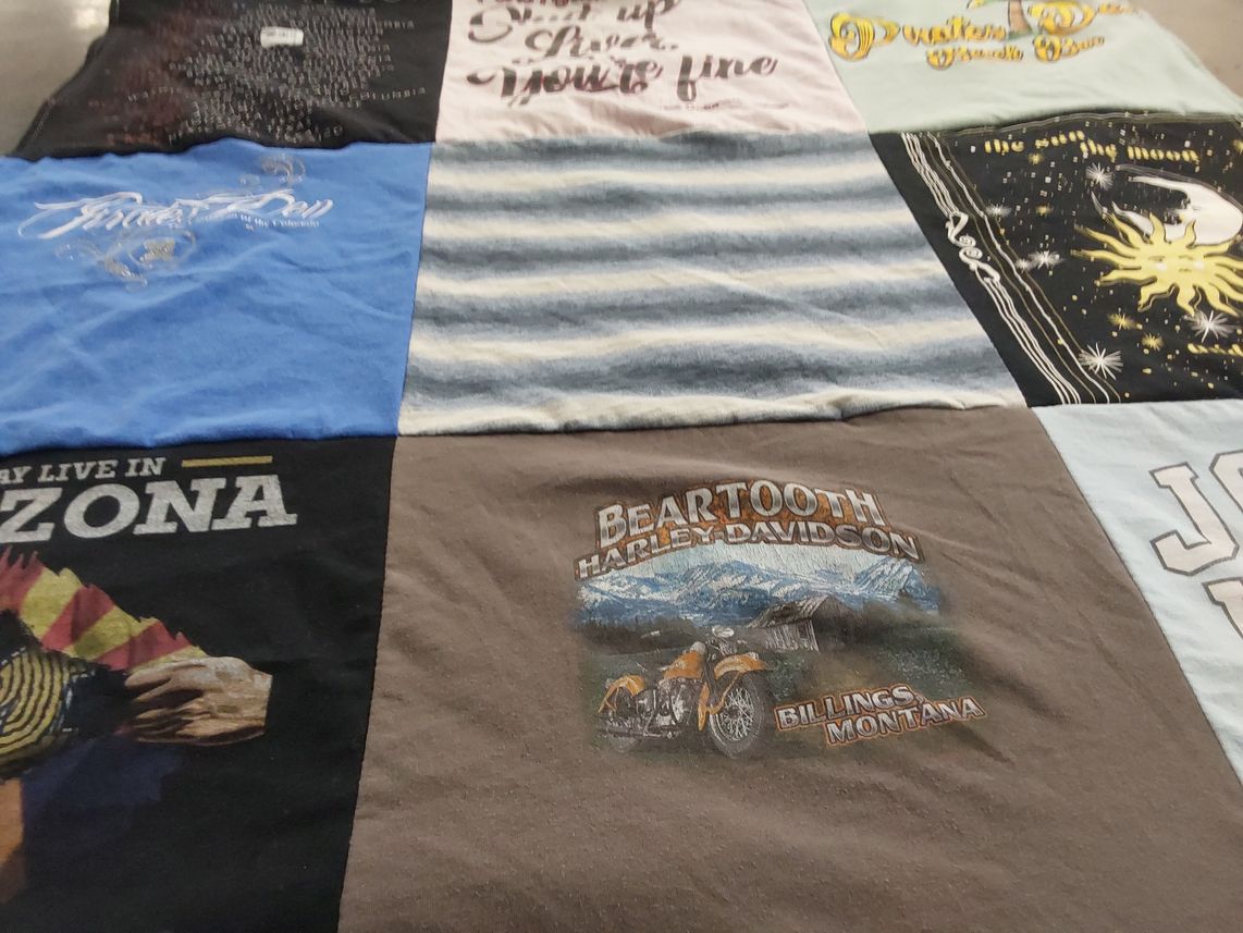 T-shirt quilt with motorcycling, travel themes by Alexandra from AZ