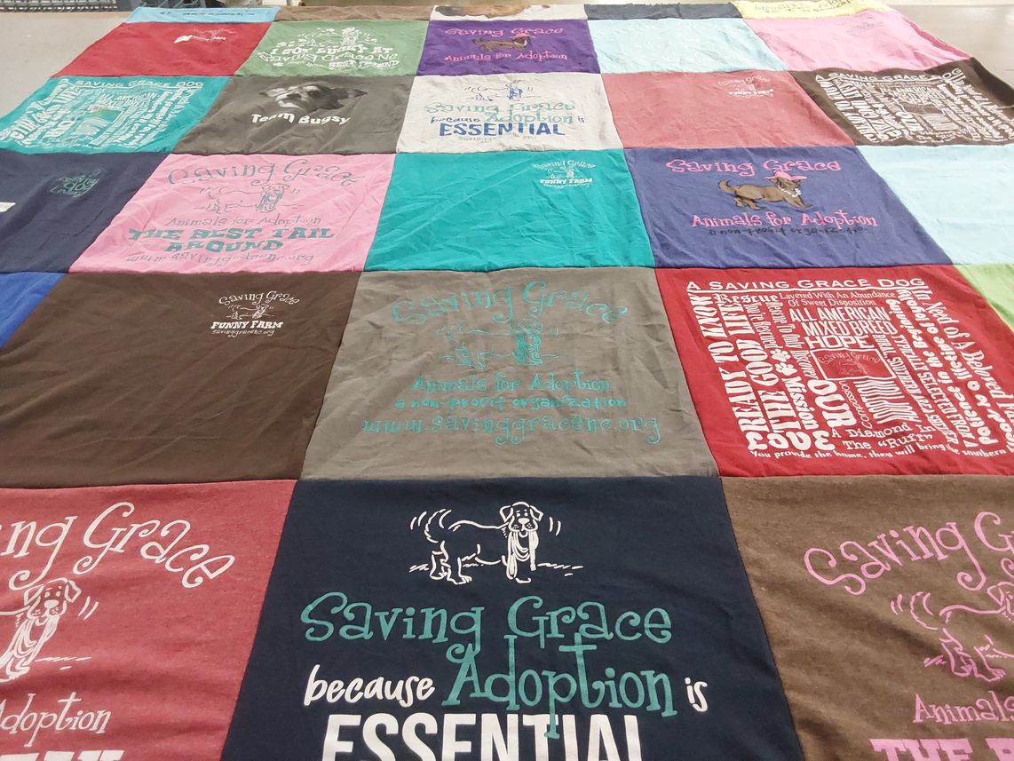 T-shirt quilt with animal welfare, dog adoption themes by Thomas from NC