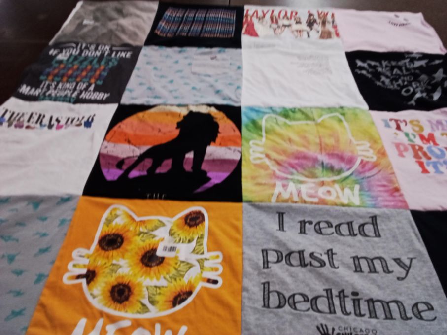 T-shirt quilt with music, reading themes by Rebecca from IL