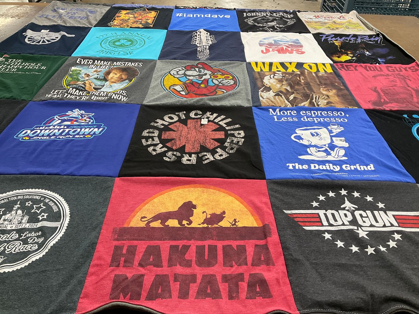 T-shirt quilt with music, movies themes by Mallory from MA