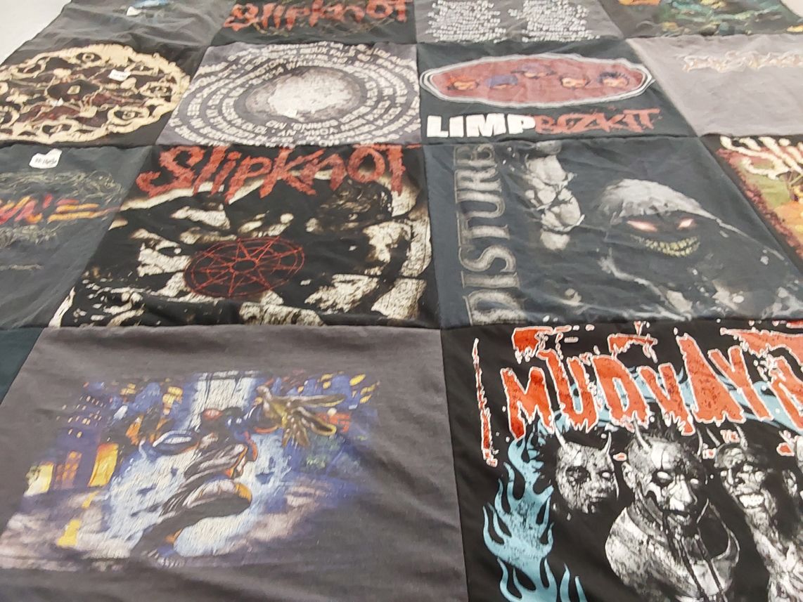 T-shirt quilt with music, heavy metal themes by Lee from CT