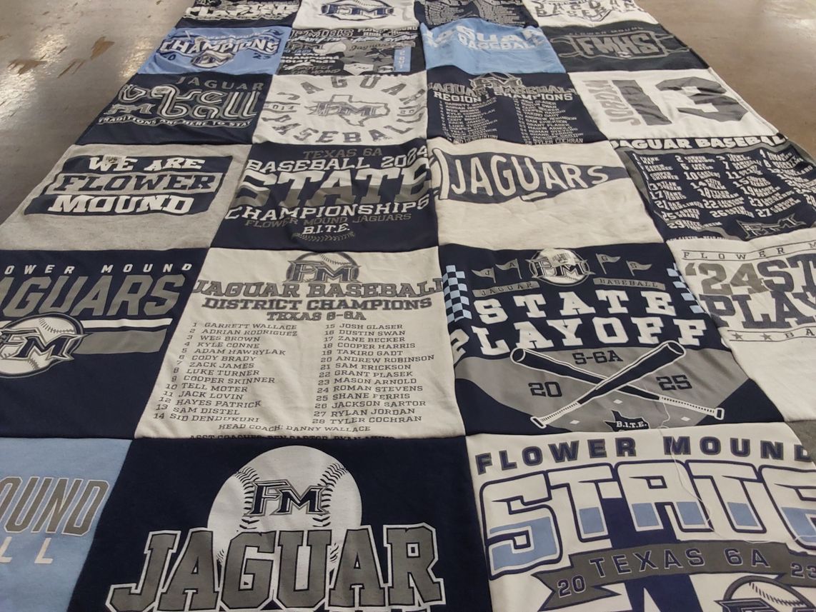 T-shirt quilt featuring flower mound jags, flower mound jaguars by Jennifer from TX