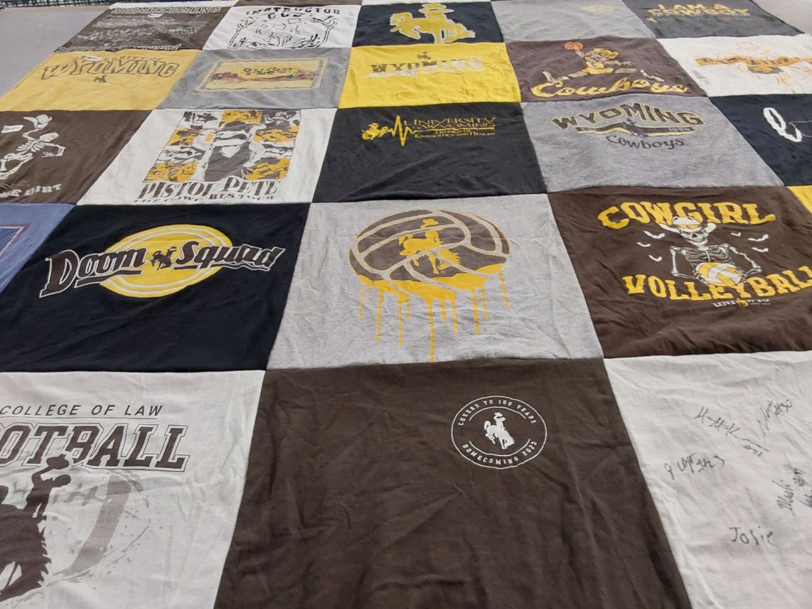 T-shirt quilt featuring wyoming cowboys, cowgirl volleyball by Teagan from WY