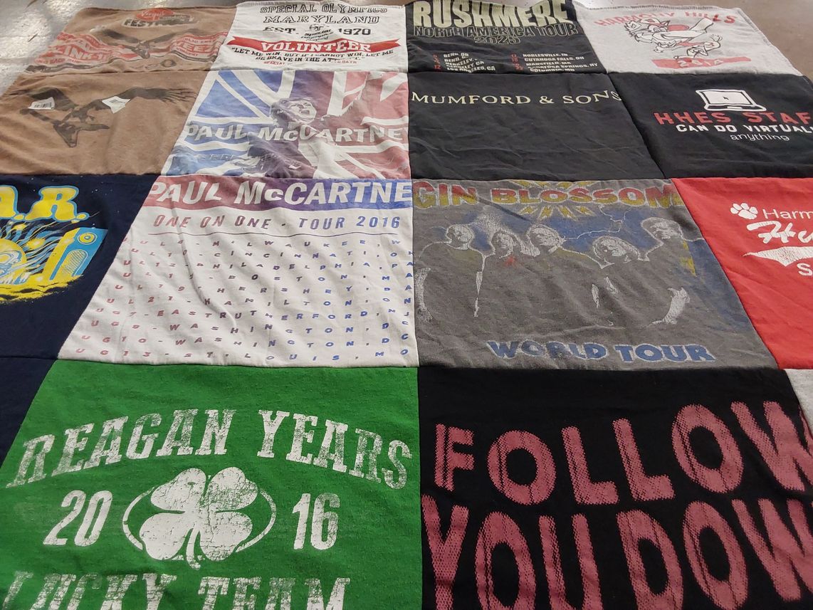 T-shirt quilt with music, concerts themes by Joan from MD
