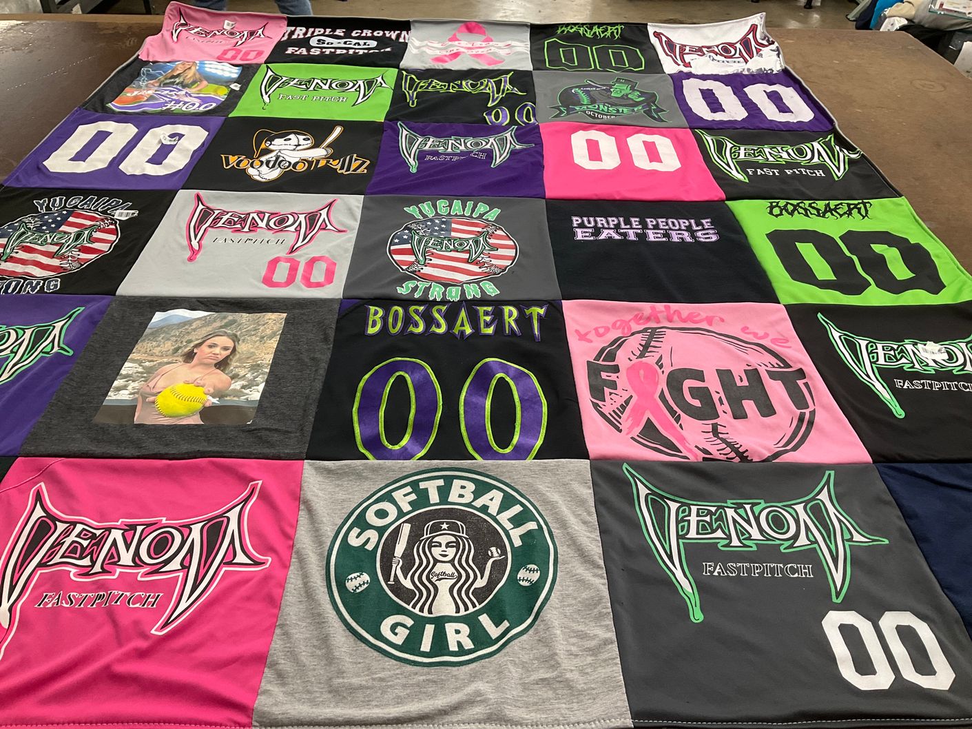 T-shirt quilt with softball, sports themes by Jamie from CA