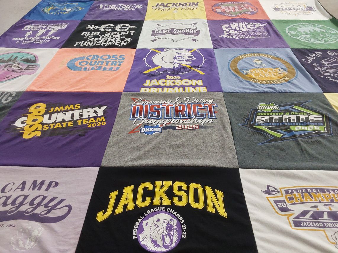 T-shirt quilt featuring jackson high school swimming team, jackson middle school cross country team by Corrine from OH