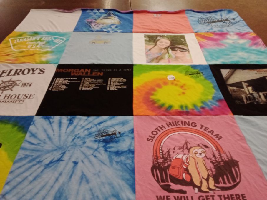 T-shirt quilt with hiking, music themes by Jennifer from AR