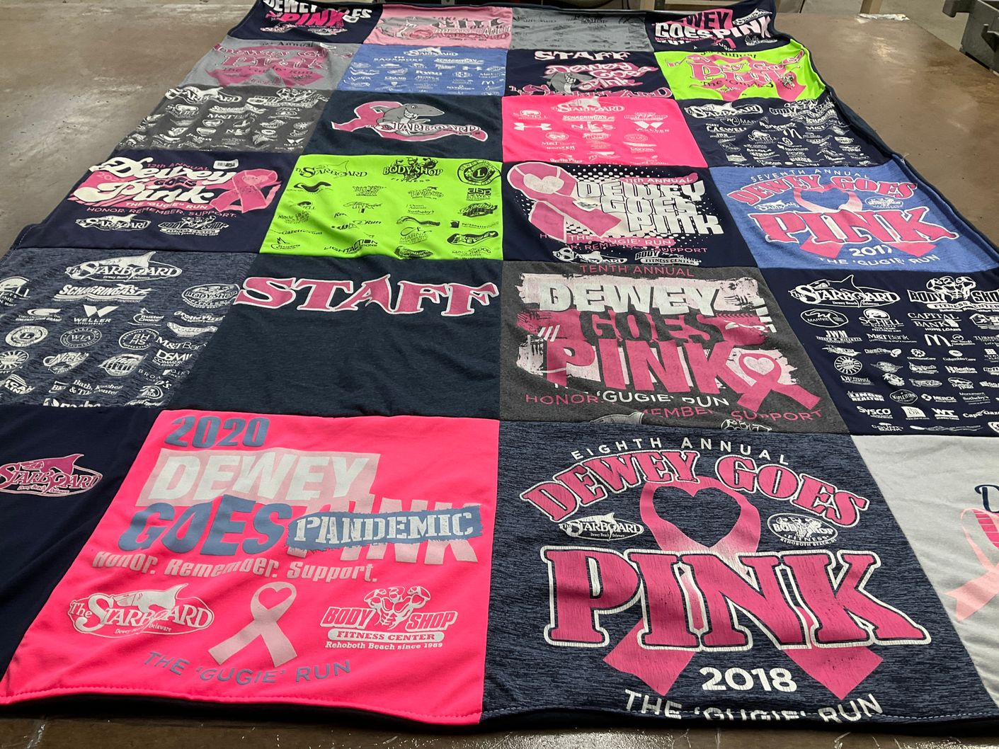 T-shirt quilt with charity, breast cancer awareness themes by Patricia from DE