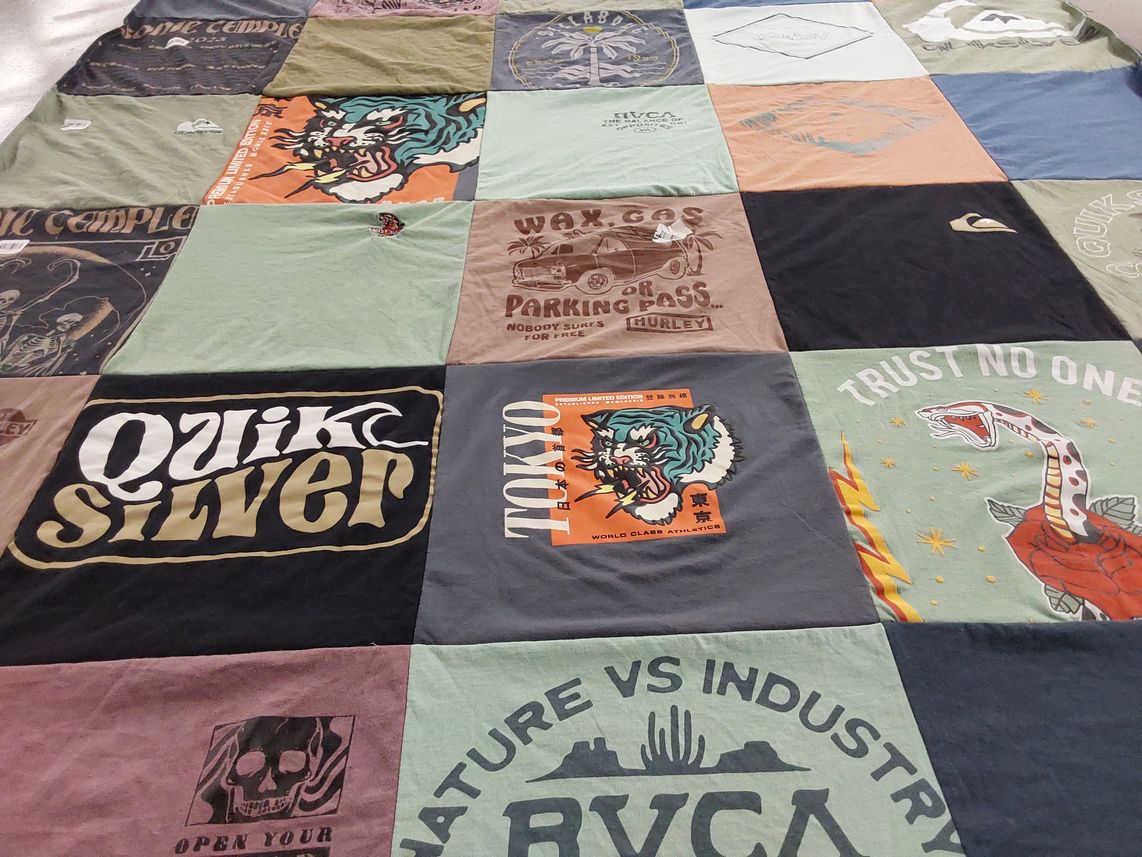 T-shirt quilt with skateboarding, surfing themes by Haleigh from VA