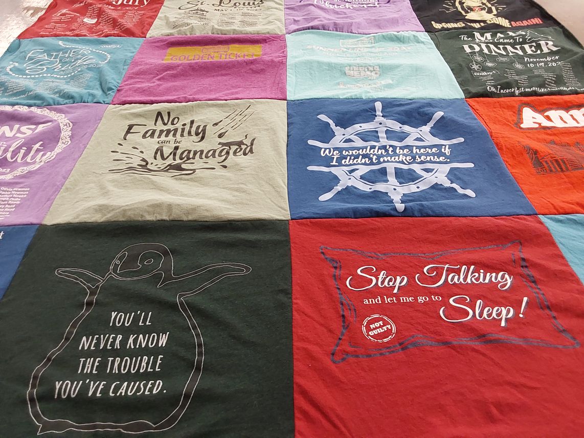 T-shirt quilt with family, humor themes by Jennifer from VA