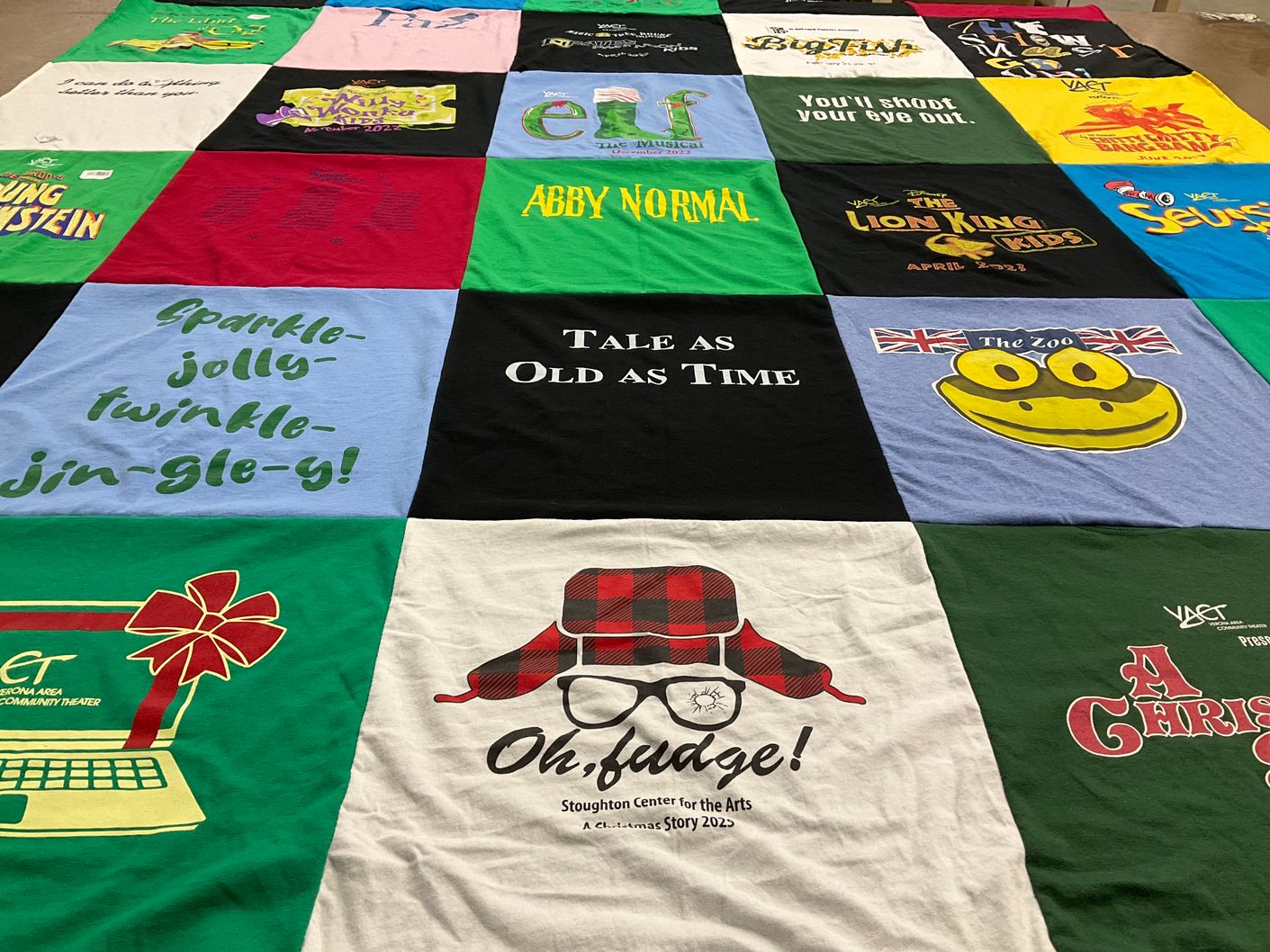 T-shirt quilt with theater, musicals themes by Pamela from WI