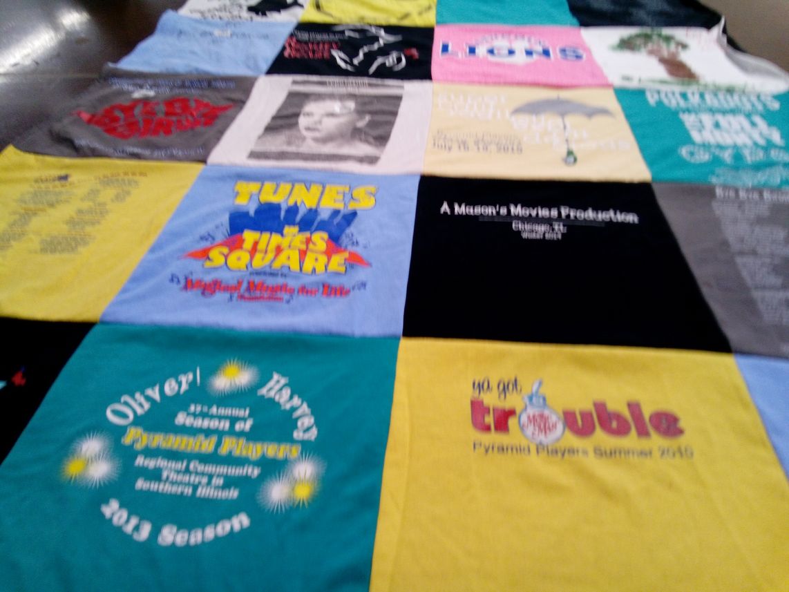 T-shirt quilt with theater, musicals themes by Gail from IL