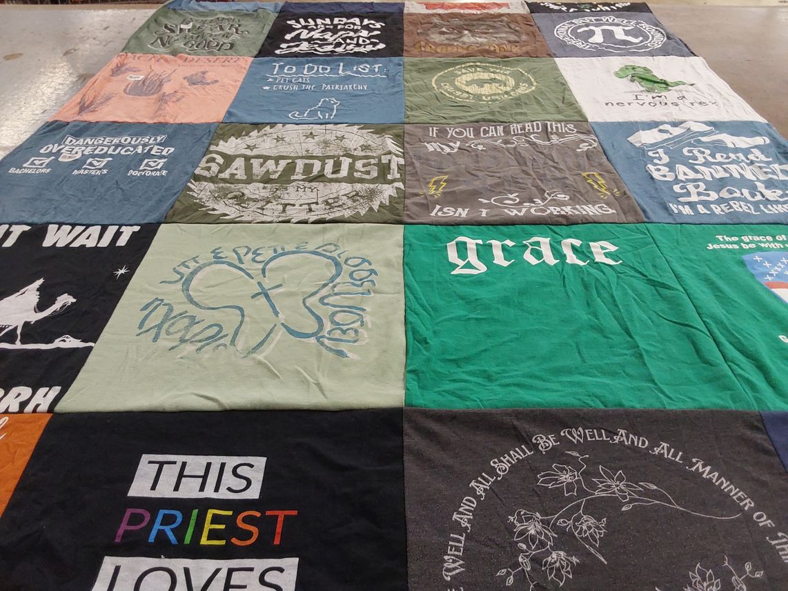 T-shirt quilt with humor, religion themes by Rev.Meredith from TX