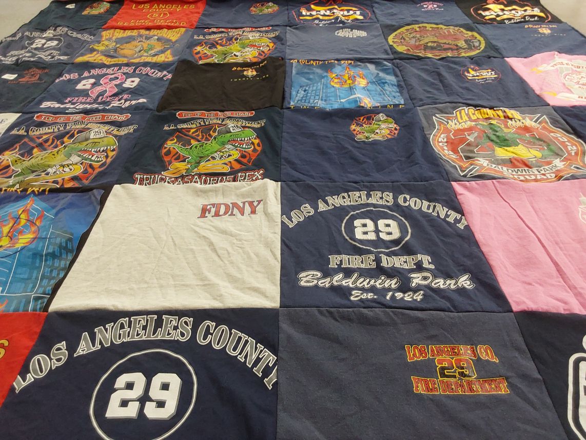T-shirt quilt with firefighting, emergency services themes by Nancee from WA