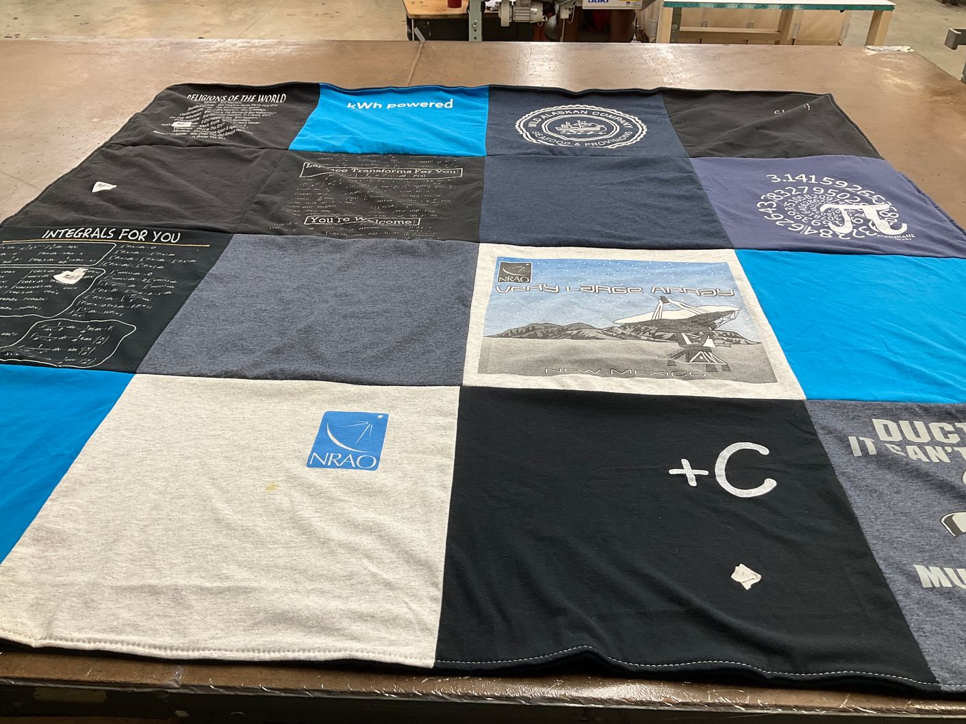 T-shirt quilt with mathematics, science themes by Christine from NM
