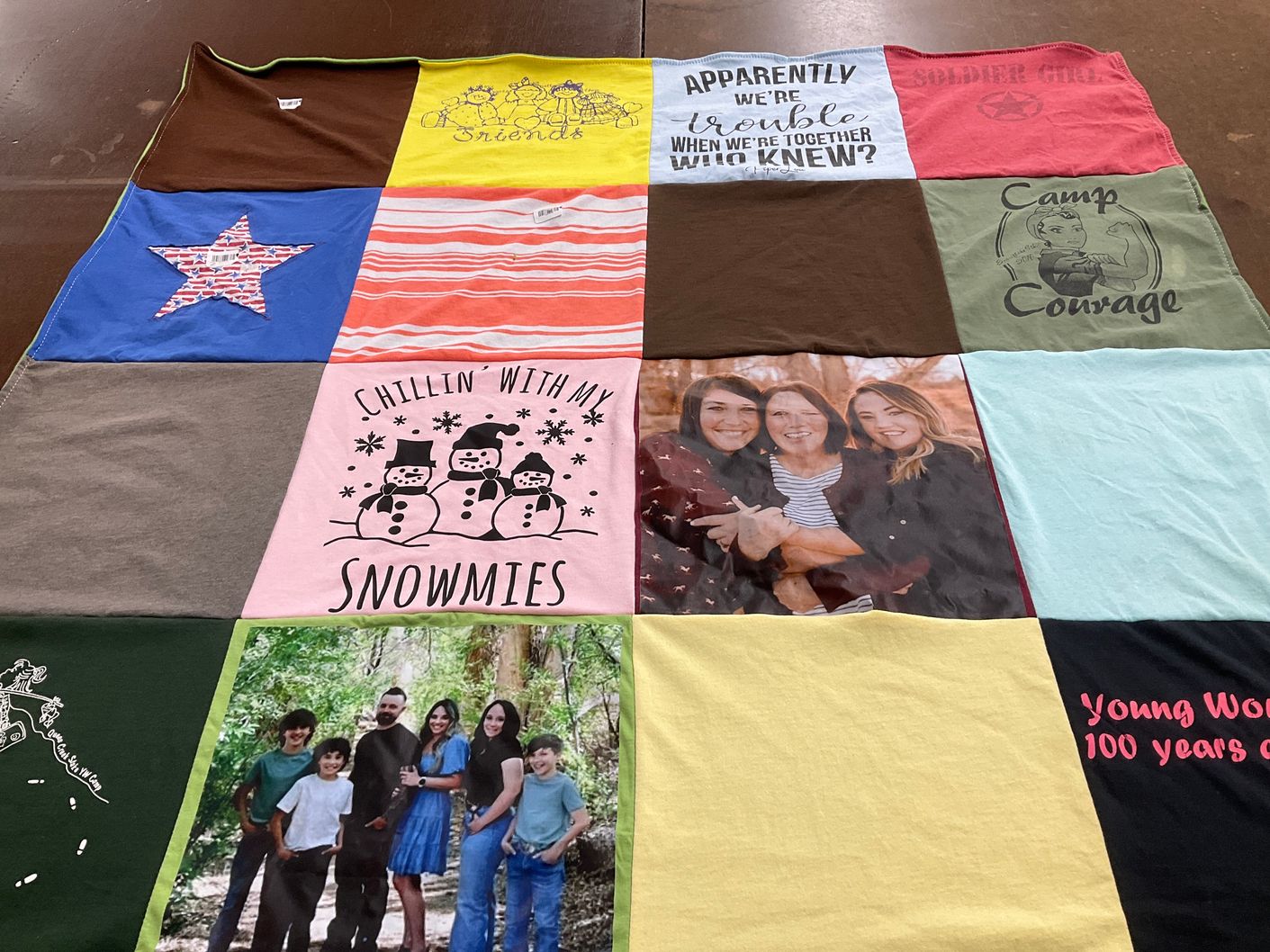 T-shirt quilt with friendship, winter activities themes by Rick from AZ