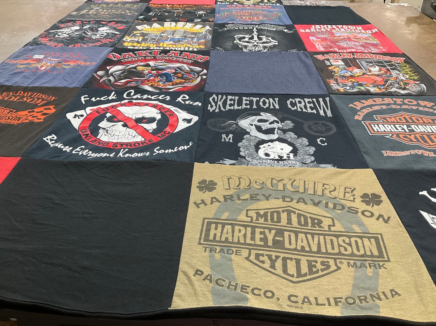 T-shirt quilt with motorcycles, biking themes by Kimberly from CA