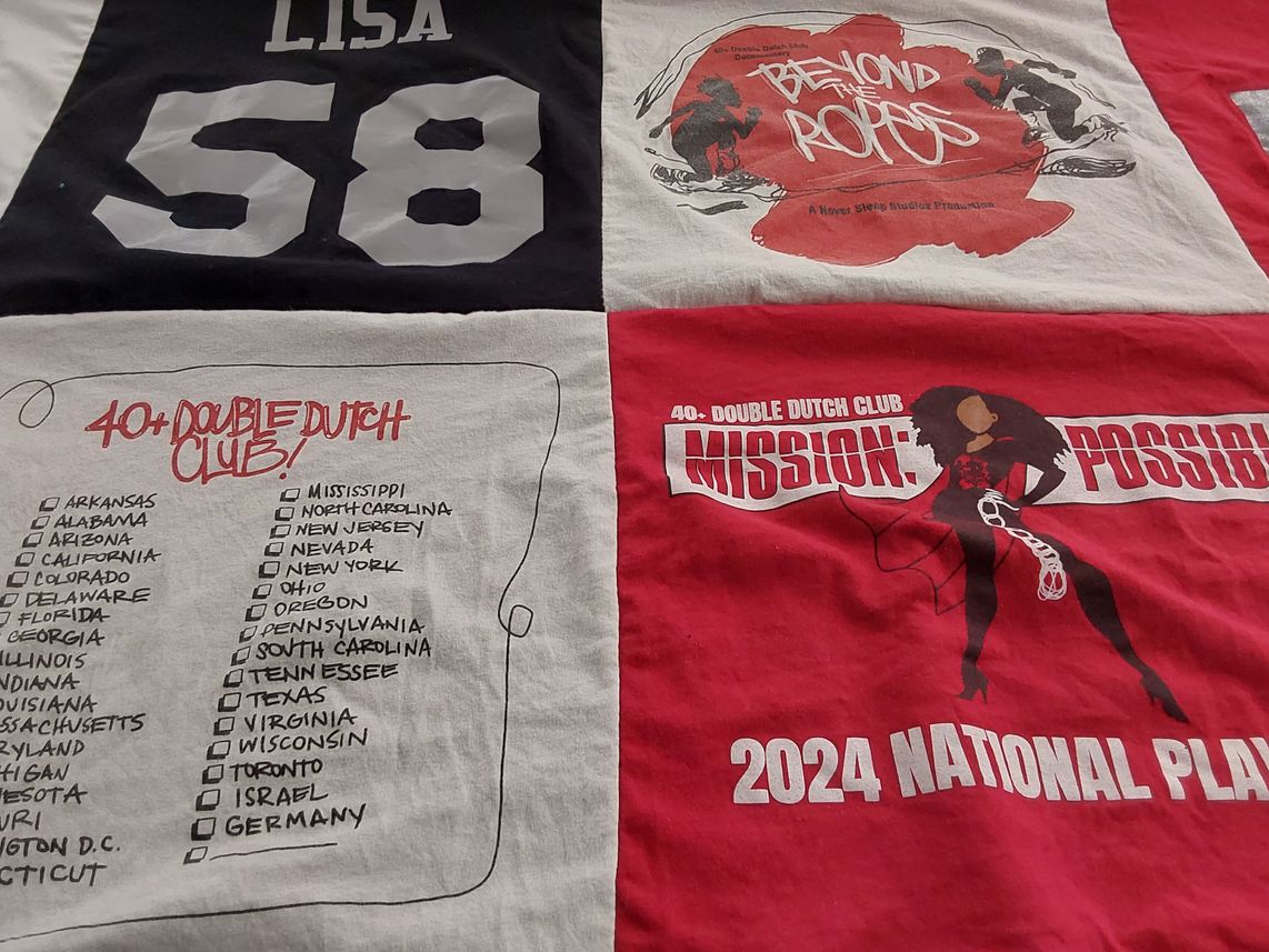 T-shirt quilt with double dutch themes by Lisa from IL