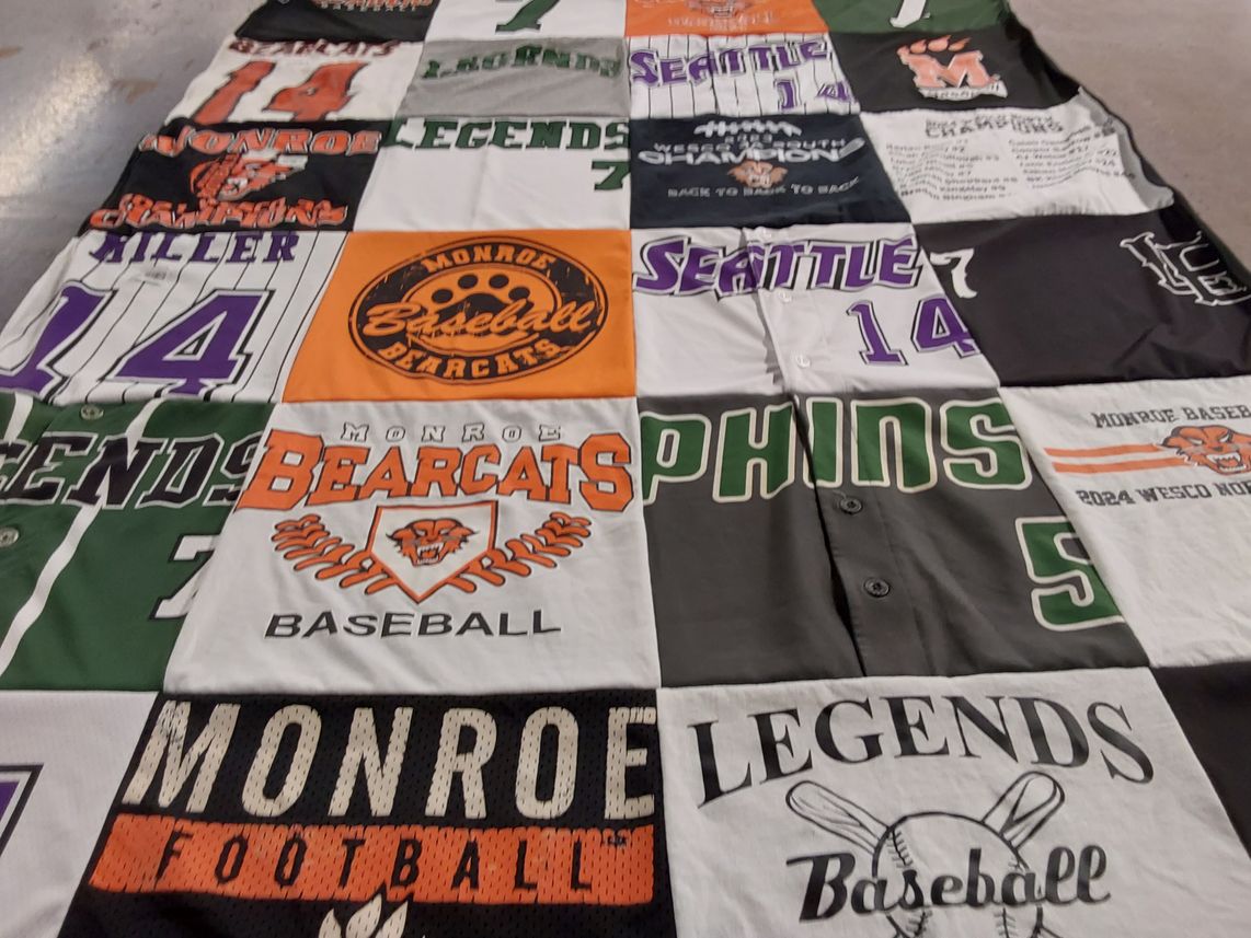 T-shirt quilt featuring monroe bearcats, monroe legends by Emily from WA