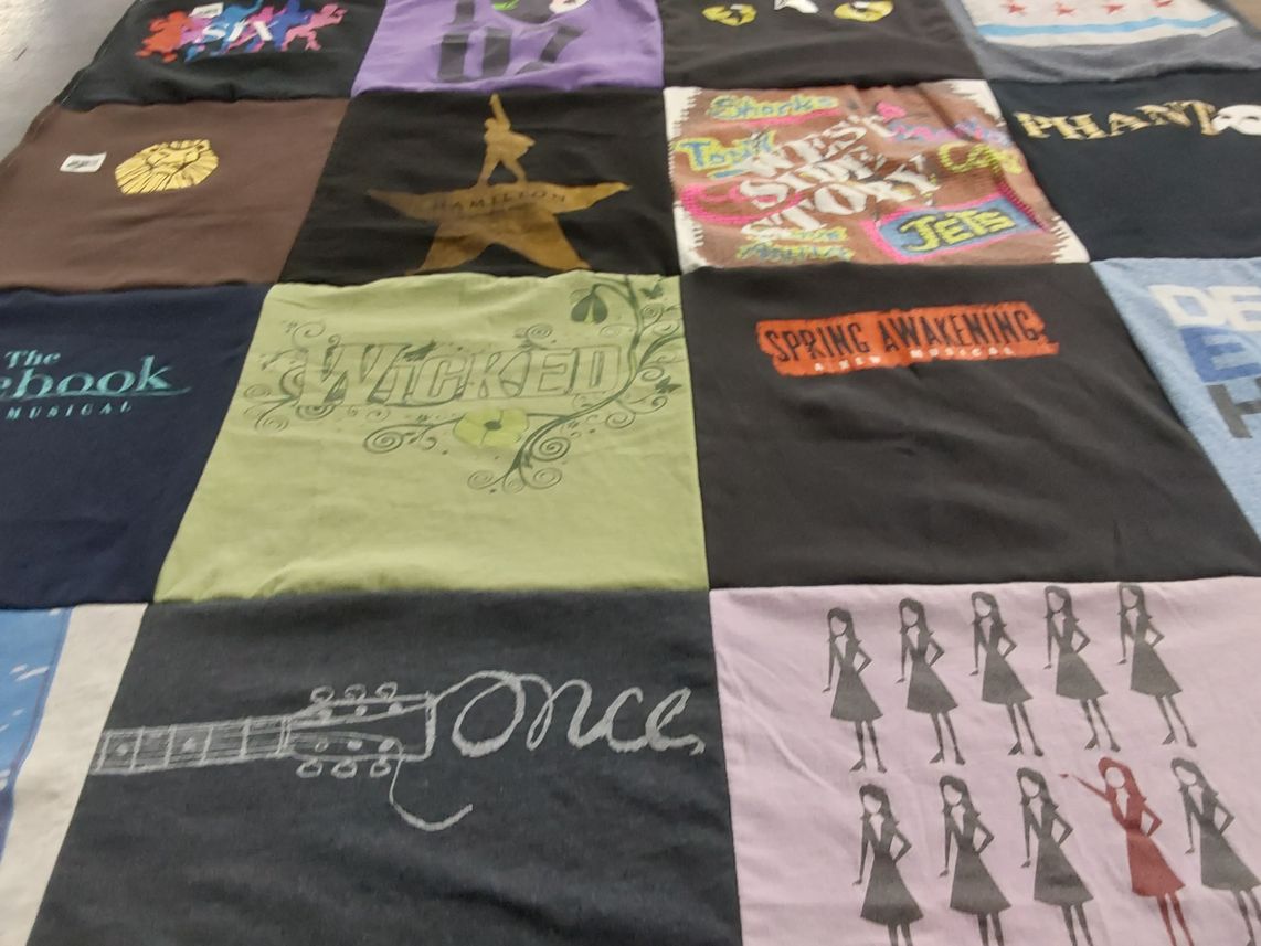 T-shirt quilt with musicals, theatre themes by Robin from MN