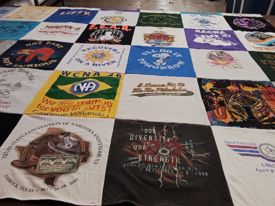 T-shirt quilt with narcotics anonymous themes by Deana from TX