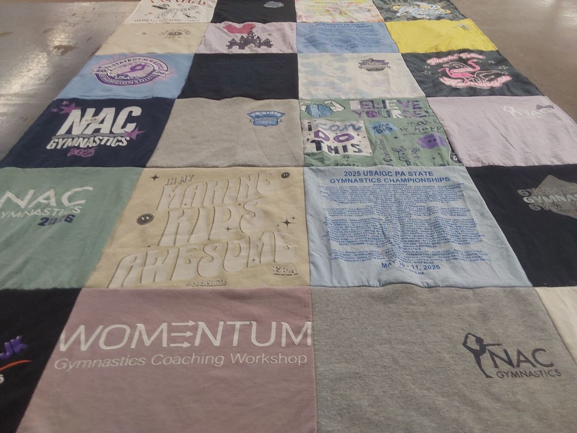 T-shirt quilt with gymnastics, coaching themes by Alexa from PA