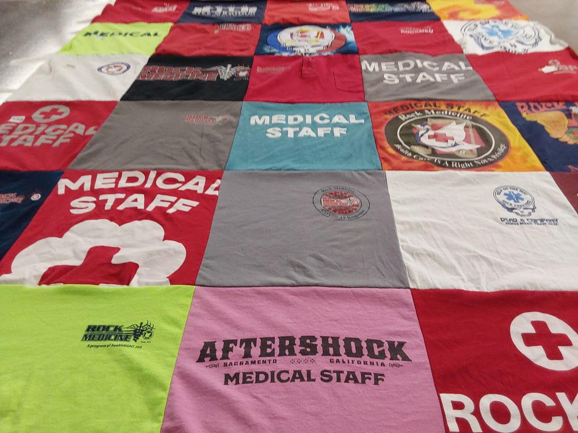 T-shirt quilt with healthcare, medical services themes by Sabrina from CA