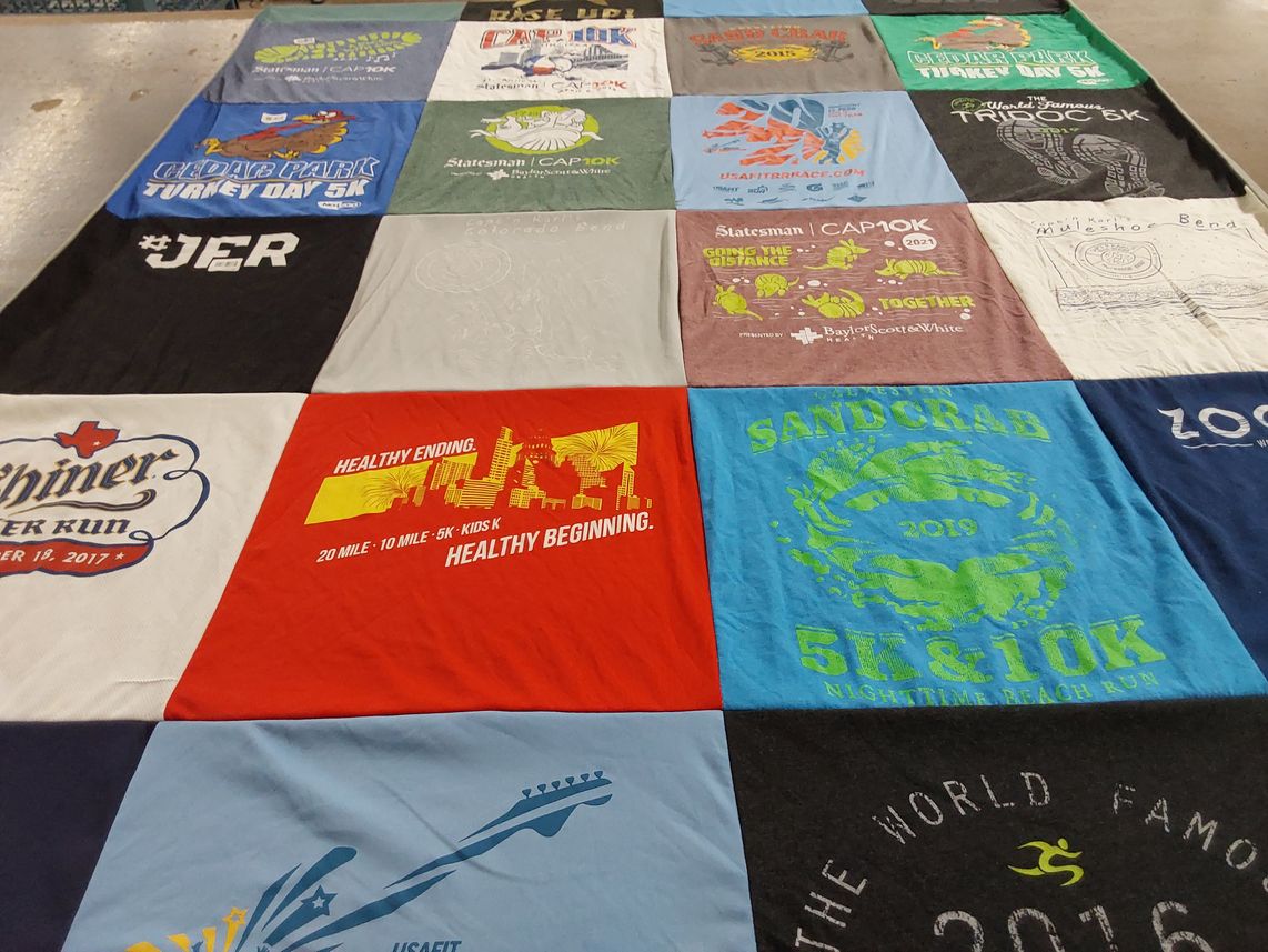 T-shirt quilt with running, fitness themes by Melissa from TX
