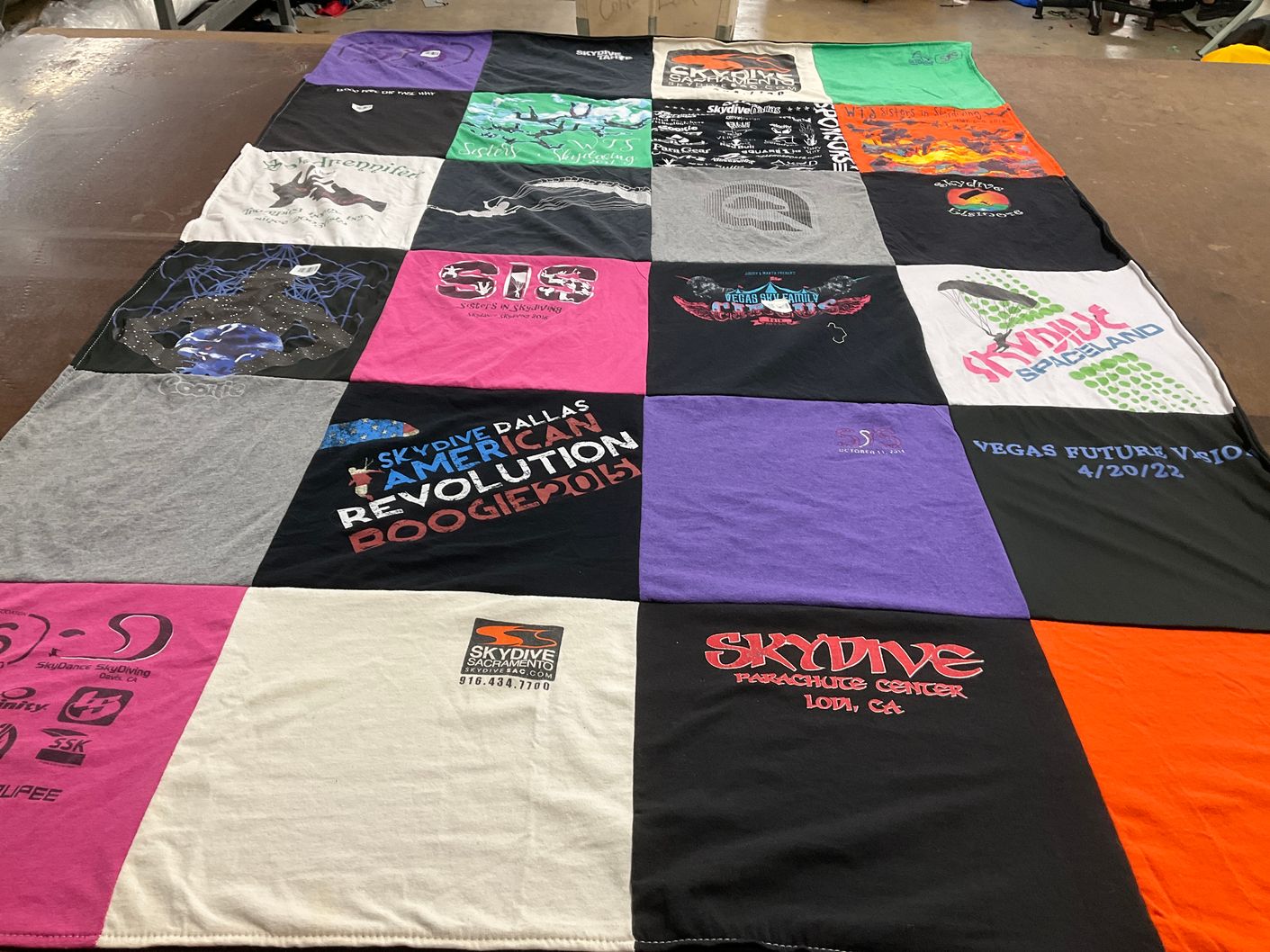 T-shirt quilt with skydiving themes by Sandra from TX