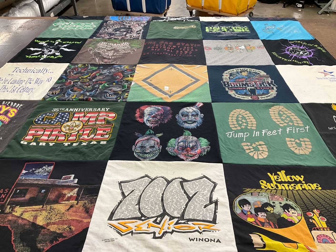 T-shirt quilt with camping, art themes by Rachel from TX