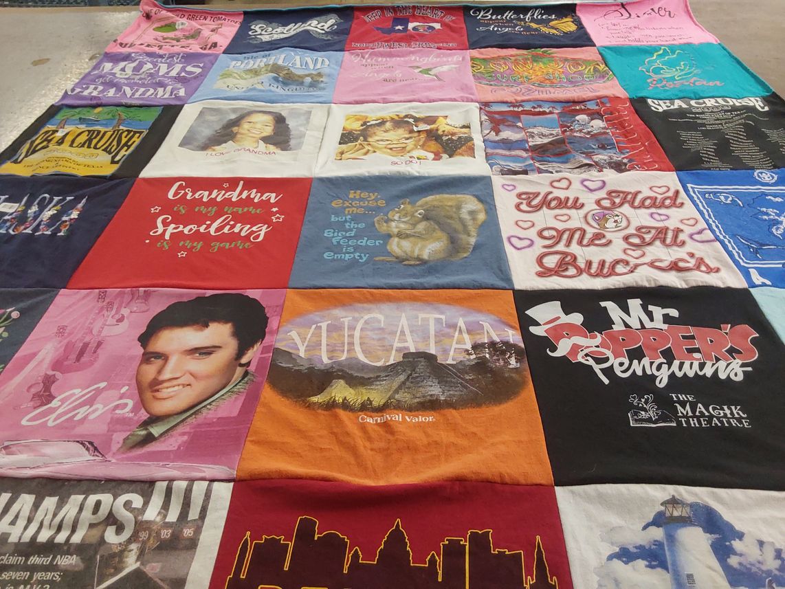 T-shirt quilt with family, theater themes by Christina from TN