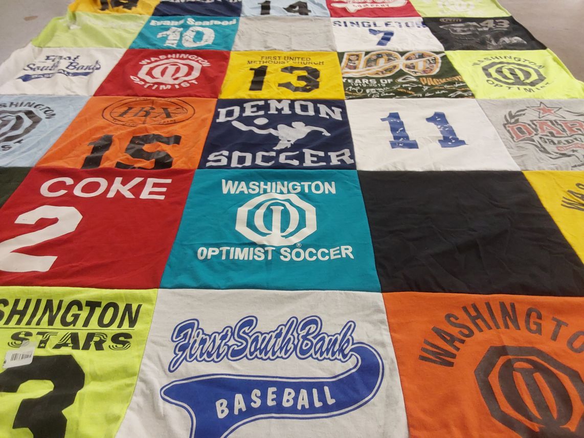 T-shirt quilt with soccer, baseball themes by GREG from NC