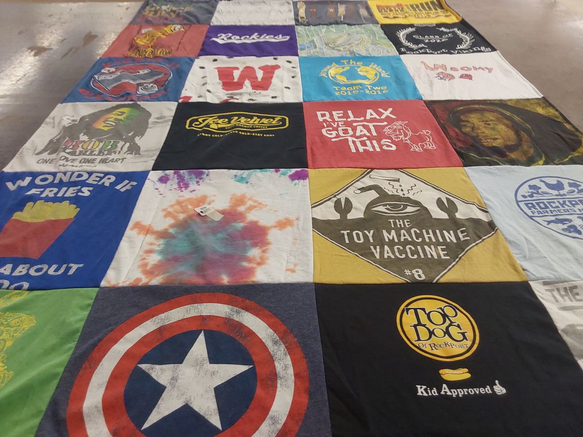 T-shirt quilt with bob marley, food themes by Amy from MA