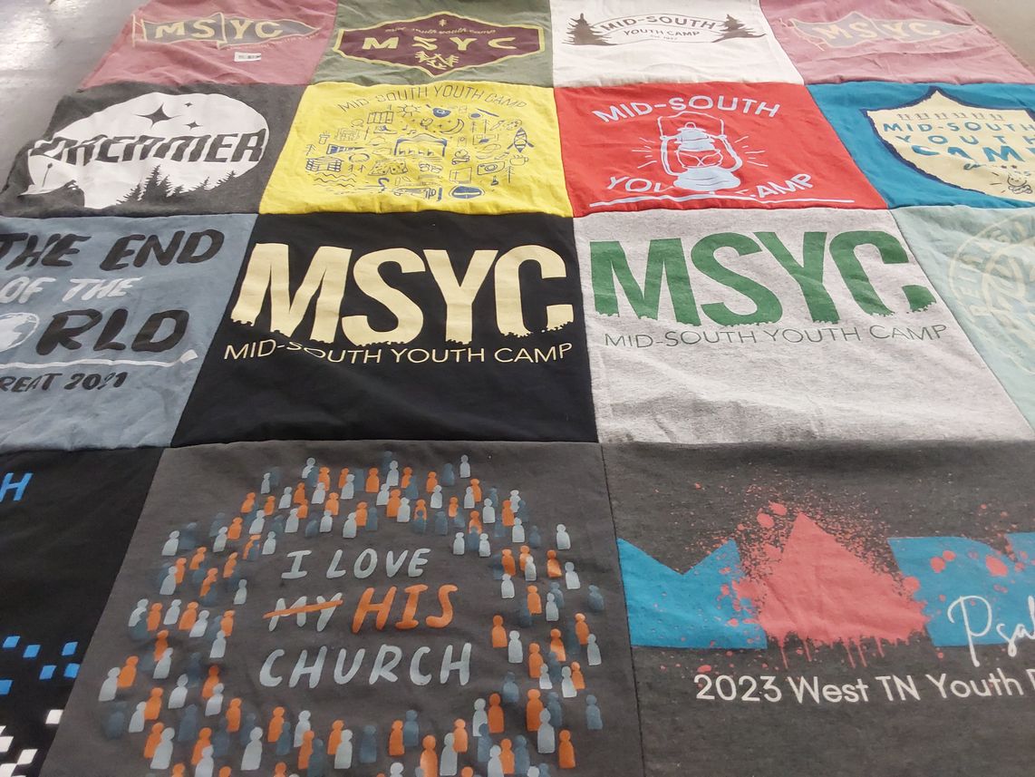 T-shirt quilt with youth camps, community service themes by Brandi from TN