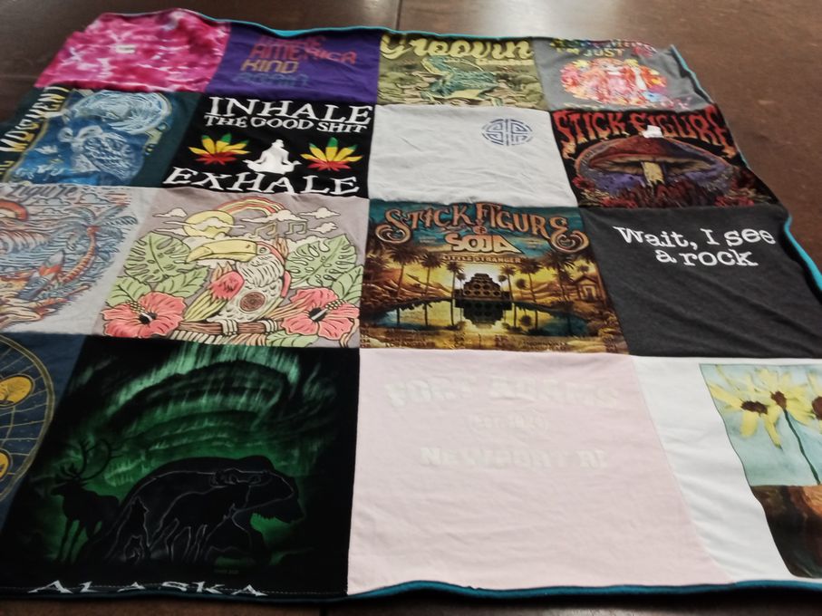 T-shirt quilt with music, nature themes by Jane from MA